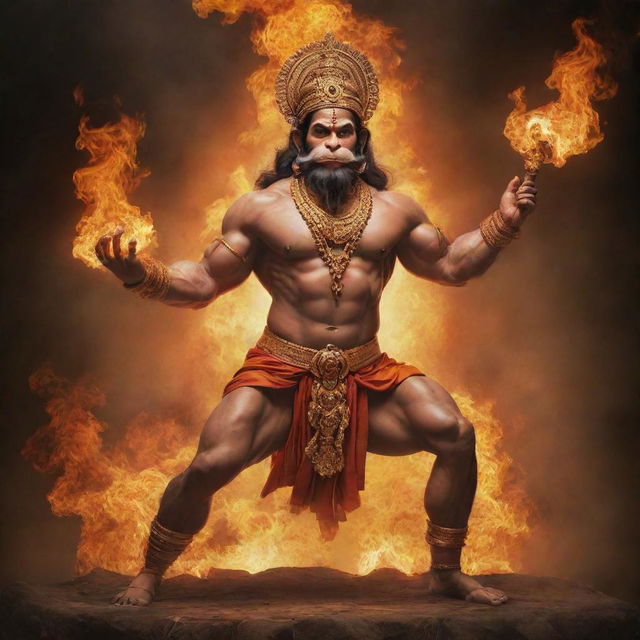 A powerful image of Hanuman ji, the Hindu god, burning Lanka with his tail, depicted in a traditional Indian artistic style.