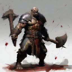 A gladiator orc wielding a double-sided axe, wearing armor on their shoulders, which is covered in blood