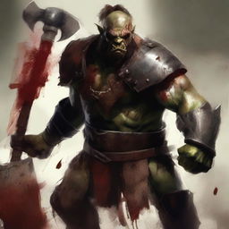 A gladiator orc wielding a double-sided axe, wearing armor on their shoulders, which is covered in blood