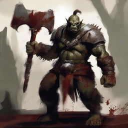 A gladiator orc wielding a double-sided axe, wearing armor on their shoulders, which is covered in blood