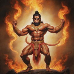 A powerful image of Hanuman ji, the Hindu god, burning Lanka with his tail, depicted in a traditional Indian artistic style.