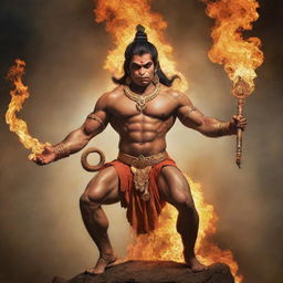 A powerful image of Hanuman ji, the Hindu god, burning Lanka with his tail, depicted in a traditional Indian artistic style.