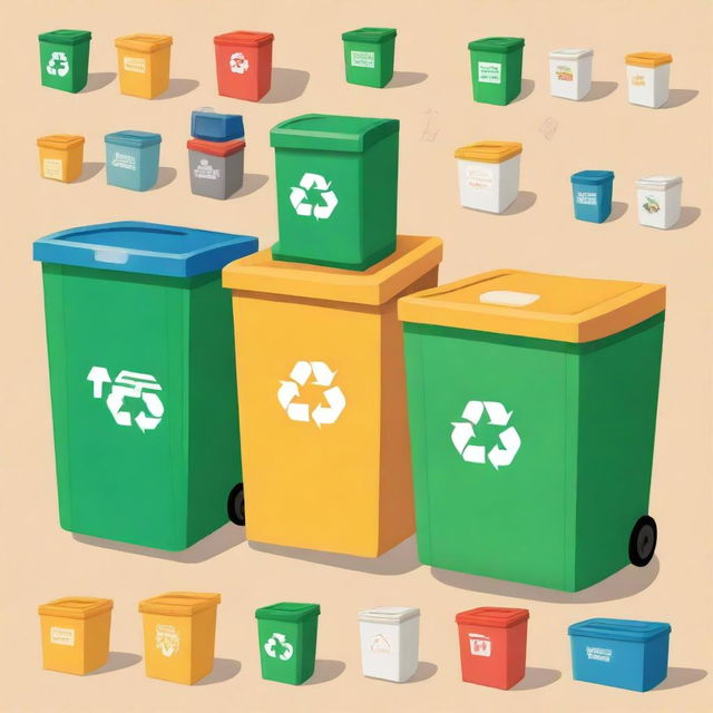 An illustration of segregated waste storage bins for recycling