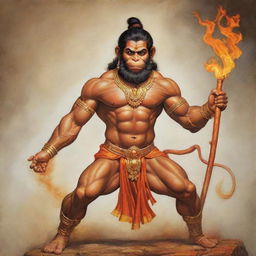 A powerful image of Hanuman ji, the Hindu god, burning Lanka with his tail, depicted in a traditional Indian artistic style.