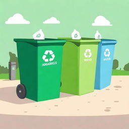 An illustration of segregated waste storage bins for recycling