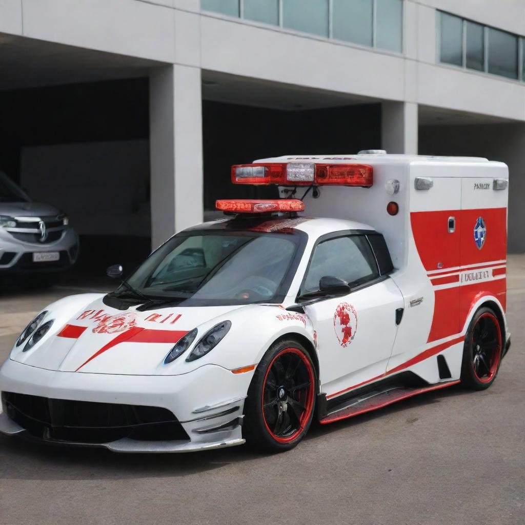 Pagani cars reimagined as rapid response ambulances, featuring a white and red color theme, emergency lights and clear medical signs.