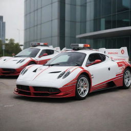 Pagani cars reimagined as rapid response ambulances, featuring a white and red color theme, emergency lights and clear medical signs.