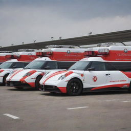 Pagani cars reimagined as rapid response ambulances, featuring a white and red color theme, emergency lights and clear medical signs.