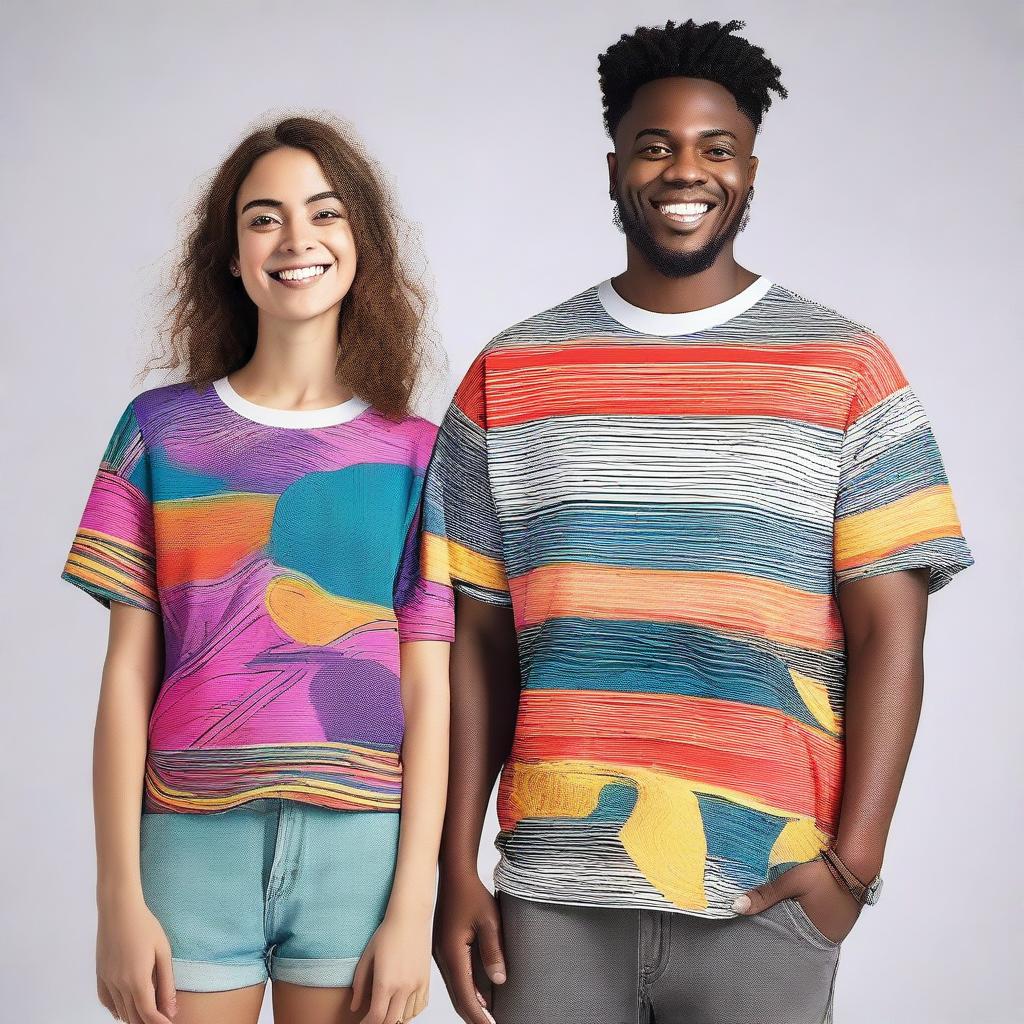 A couple wearing oversized T-shirts with unique and artistic designs on the front