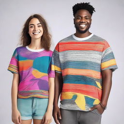 A couple wearing oversized T-shirts with unique and artistic designs on the front