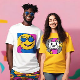 A couple wearing oversized T-shirts with unique and artistic designs on the front