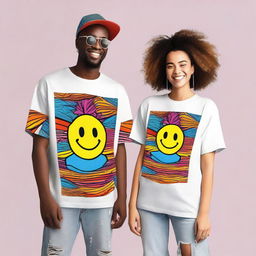 A couple wearing oversized T-shirts with unique and artistic designs on the front