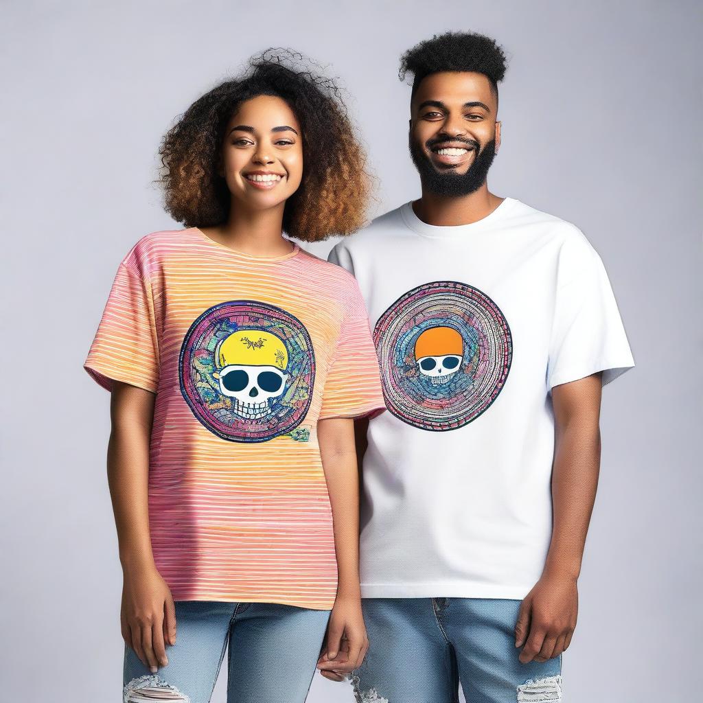 A couple wearing oversized T-shirts with unique and artistic designs on the front