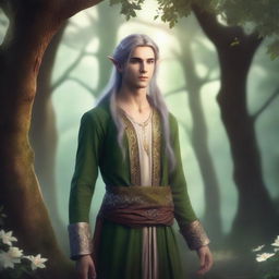 A male elf with pointed ears, long flowing hair, and elegant attire standing in a mystical forest