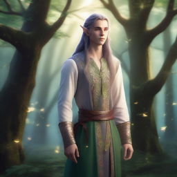 A male elf with pointed ears, long flowing hair, and elegant attire standing in a mystical forest