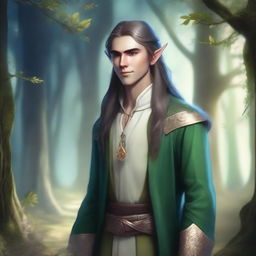 A male elf with pointed ears, long flowing hair, and elegant attire standing in a mystical forest