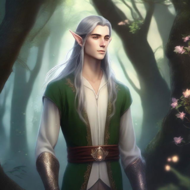 A male elf with pointed ears, long flowing hair, and elegant attire standing in a mystical forest