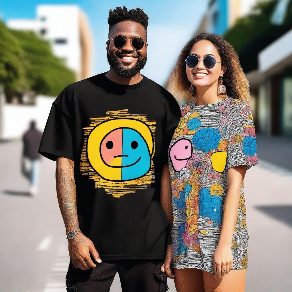 A couple wearing oversized T-shirts with unique and artistic designs on the front