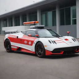 Pagani cars reimagined as rapid response ambulances, featuring a white and red color theme, emergency lights and clear medical signs.