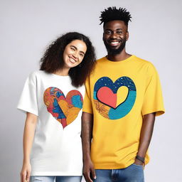 A couple wearing oversized T-shirts with unique and artistic designs on the front