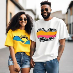 A couple wearing oversized T-shirts with unique and artistic designs on the front