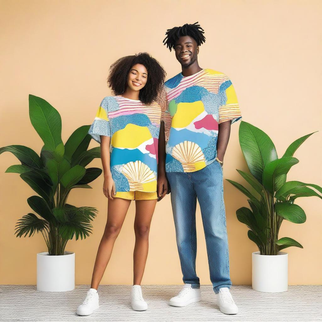 A couple wearing oversized T-shirts with unique and artistic designs on the front