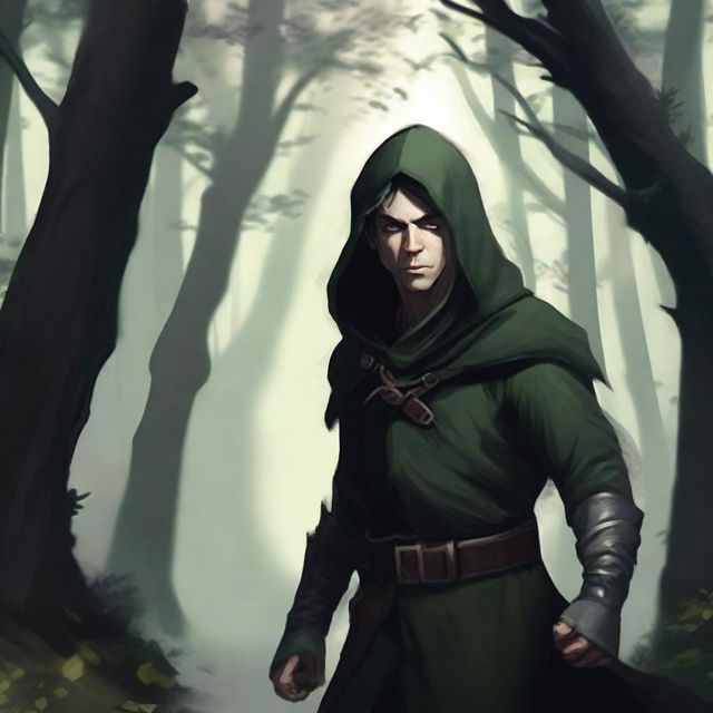 A male elf rogue with pointed ears, sleek and agile build, wearing dark, stealthy attire