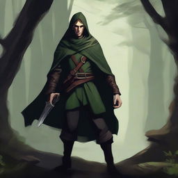 A male elf rogue with pointed ears, sleek and agile build, wearing dark, stealthy attire