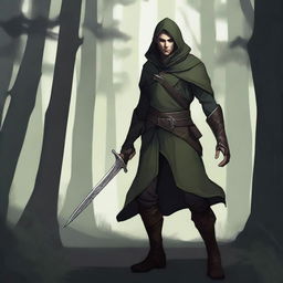 A male elf rogue with pointed ears, sleek and agile build, wearing dark, stealthy attire