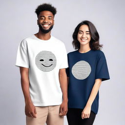 A couple wearing oversized T-shirts with simple, unique, elegant, and attractive designs on the front