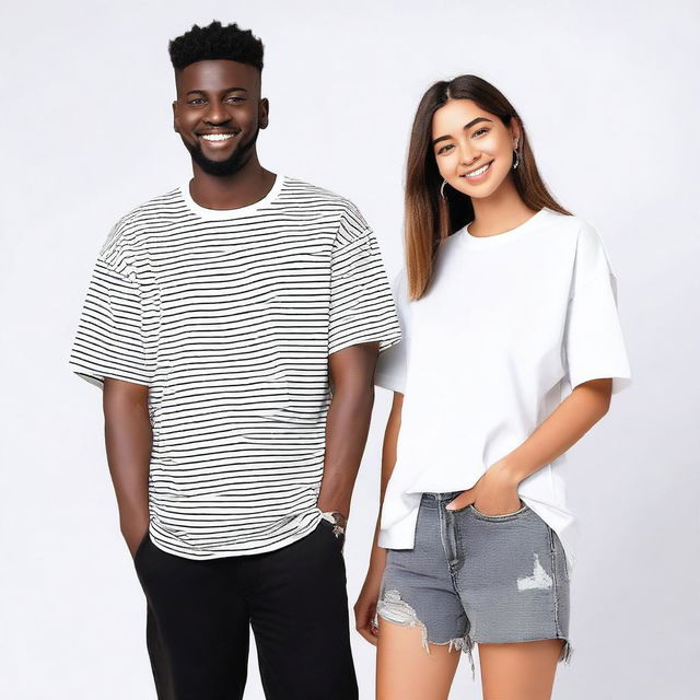 A couple wearing oversized T-shirts with simple, unique, elegant, and attractive designs on the front