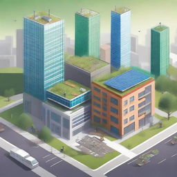 A detailed illustration of a sustainable construction site