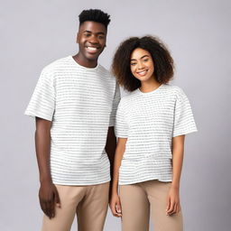 A couple wearing oversized T-shirts with simple, unique, elegant, and attractive designs on the front