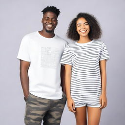 A couple wearing oversized T-shirts with simple, unique, elegant, and attractive designs on the front