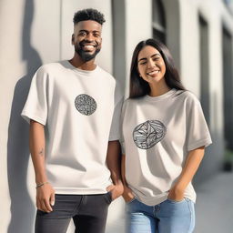 A couple wearing oversized T-shirts with simple, unique, elegant, and attractive designs on the front