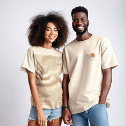 A couple wearing oversized T-shirts with simple, unique, elegant, and attractive designs on the front