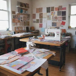 A bustling fashion designer's studio filled with sketches, patterns, and various fabrics. An industrial sewing machine sits in a corner. Inspirational pictures and Ankara style clothes enrich the atmosphere. Vibrant colored threads and neatly organized swatches surround an open space at the studio's center.