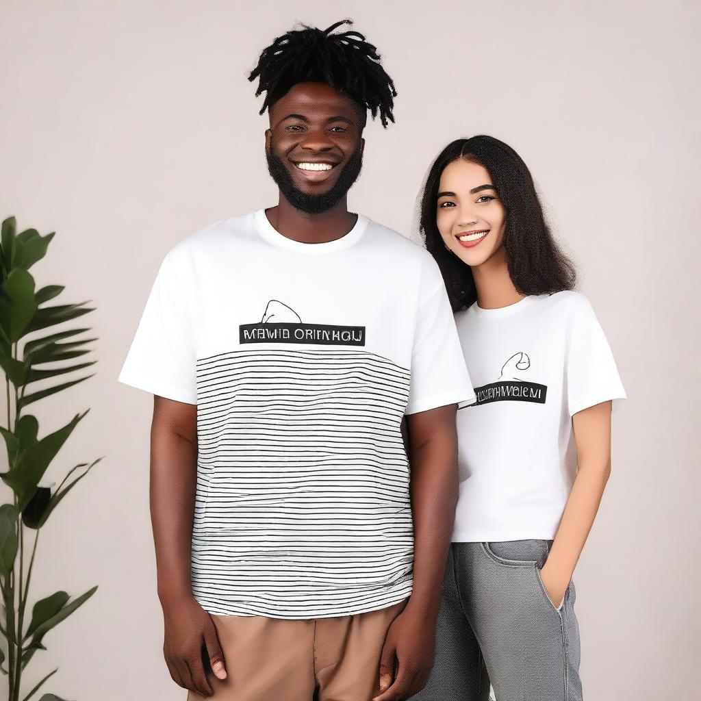 A couple wearing oversized T-shirts with simple, unique, elegant, and attractive designs on the front