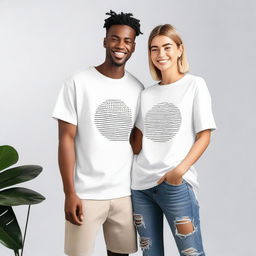 A couple wearing oversized T-shirts with simple, unique, elegant, and attractive designs on the front