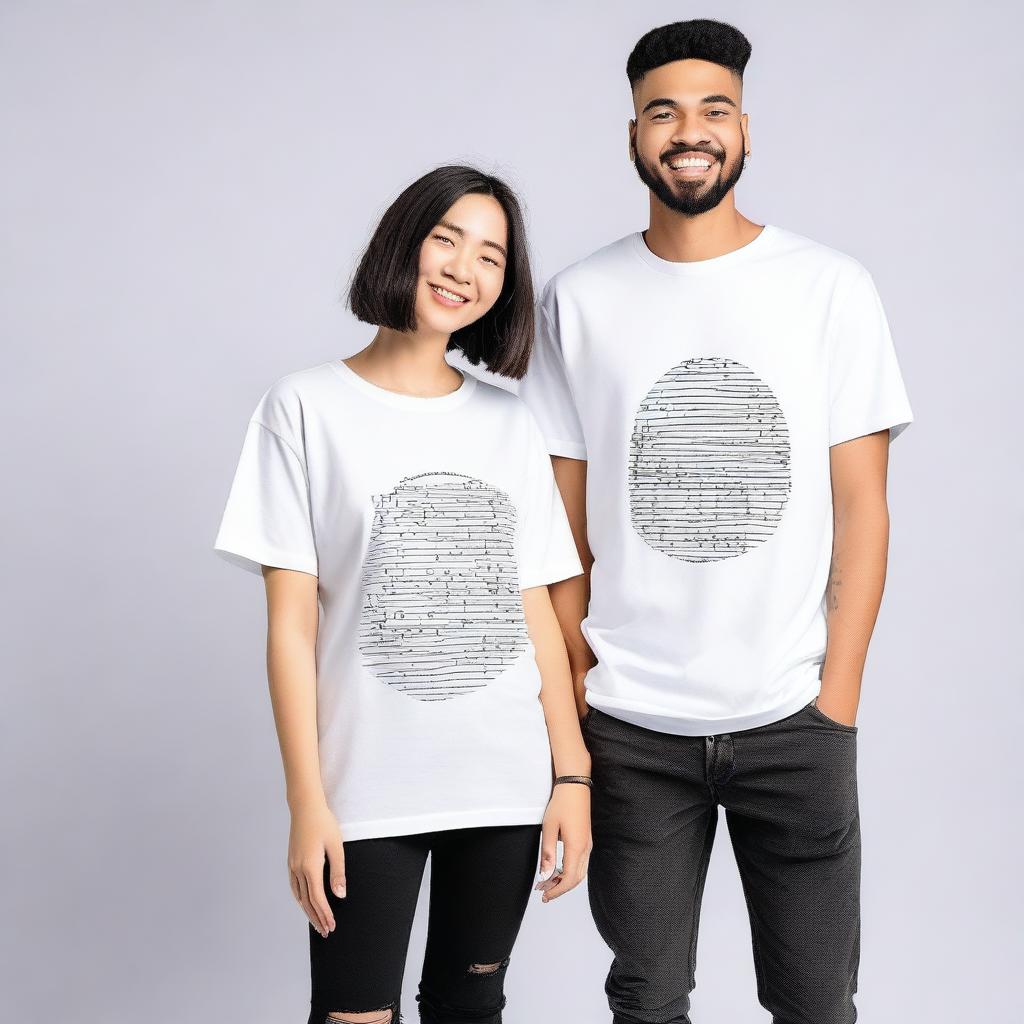 A couple wearing oversized T-shirts with simple, unique, elegant, and attractive designs on the front