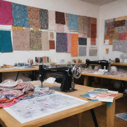 A bustling fashion designer's studio filled with sketches, patterns, and various fabrics. An industrial sewing machine sits in a corner. Inspirational pictures and Ankara style clothes enrich the atmosphere. Vibrant colored threads and neatly organized swatches surround an open space at the studio's center.