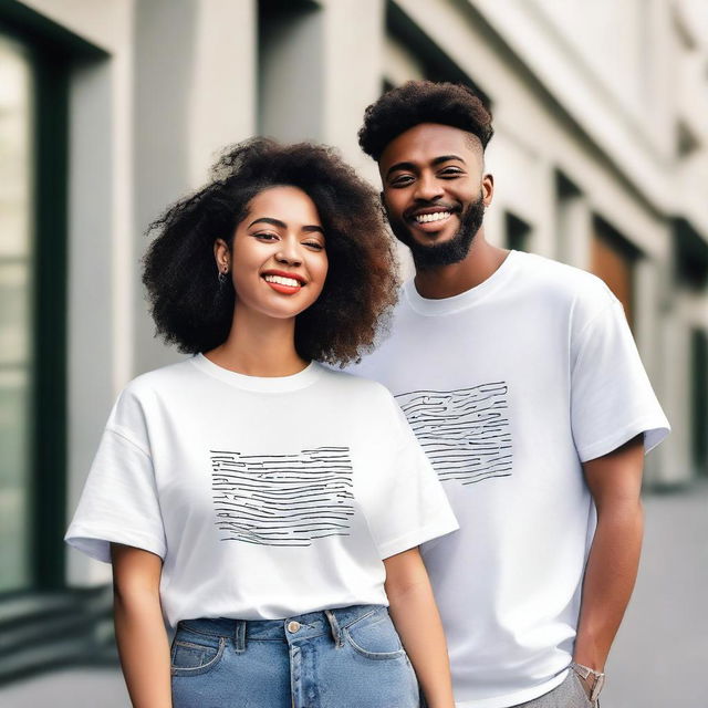 A couple wearing oversized T-shirts with simple, unique, elegant, and attractive designs on the front