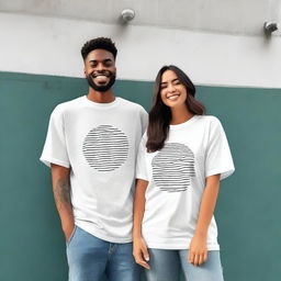 A couple wearing oversized T-shirts with simple, unique, elegant, and attractive designs on the front