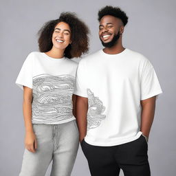 A couple wearing oversized T-shirts with simple, unique, elegant, and attractive designs on the front