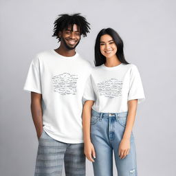 A couple wearing oversized T-shirts with simple, unique, elegant, and attractive designs on the front