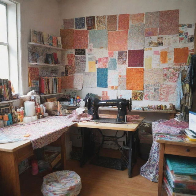 A bustling fashion designer's studio filled with sketches, patterns, and various fabrics. An industrial sewing machine sits in a corner. Inspirational pictures and Ankara style clothes enrich the atmosphere. Vibrant colored threads and neatly organized swatches surround an open space at the studio's center.