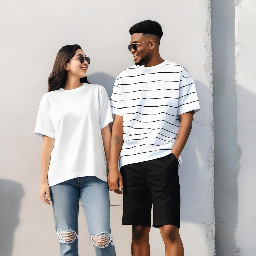 A couple wearing oversized T-shirts with simple, unique, elegant, and attractive designs on the front