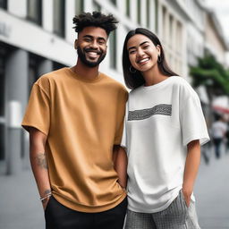 A couple wearing oversized T-shirts with simple, unique, elegant, and attractive designs on the front