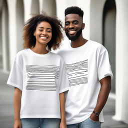 A couple wearing oversized T-shirts with simple, unique, elegant, and attractive designs on the front