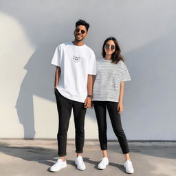 A couple wearing oversized T-shirts with simple, unique, elegant, and attractive designs on the front